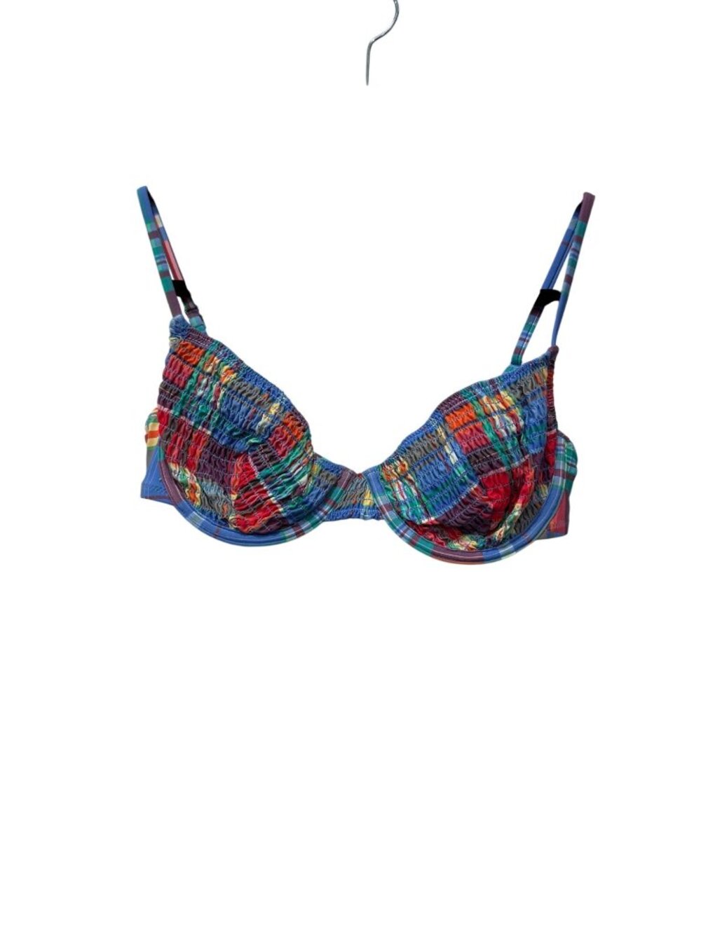New Polo Ralph Lauren Women's Size M Blue Smocked Madras Balconette Swim Top - Picture 2 of 13